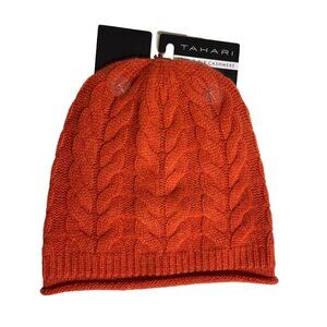 Tahari 100% Cashmere Cable Knit Hat Red Orange Beanie NWT Winter Warm Soft